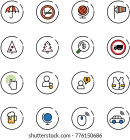 line vector icon set - insurance vector, no smoking sign, globe, side wind, christmas tree, money search, truck road, hand cursor, winner, dialog, life vest, beer, mouse wireless, car