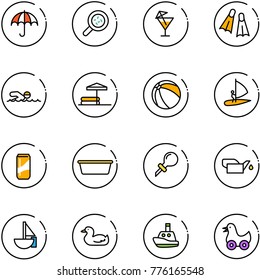 line vector icon set - insurance vector, bacteria, drink, flippers, swimming, inflatable pool, ball, windsurfing, basin, oiler, sailboat toy, duck, boat