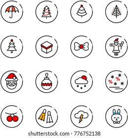 line vector icon set - insurance vector, christmas tree, gift, bow, santa claus, ball, snowfall, sale, rowanberry, flippers, storm, toy rabbit
