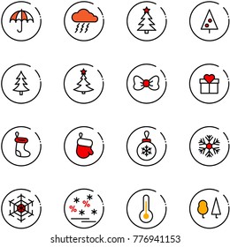 line vector icon set - insurance vector, storm, christmas tree, bow, gift, sock, glove, ball, snowflake, sale, thermometer, forest