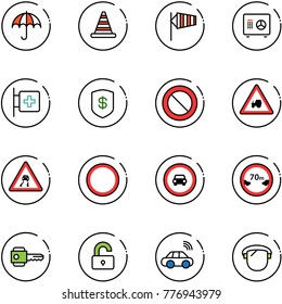 line vector icon set - insurance vector, road cone, side wind, safe, first aid room, prohibition sign, tractor way, slippery, no car, limited distance, key, unlocked, wireless, protect glass