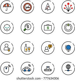 line vector icon set - insurance vector, no smoking sign, christmas tree, firework, virus, money search, case, standby, winner, wine, dialog, globe, mouse wireless, car, conveyor