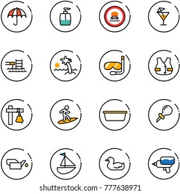 line vector icon set - insurance vector, liquid soap, no dangerous cargo road sign, drink, pool, palm, diving, life vest, ship bell, surfing, basin, oiler, sailboat toy, duck, water gun
