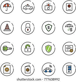 line vector icon set - insurance vector, safety car, terrorism, passport, road cone, lock, safe, key, unlocked, shield, certificate, wireless, server