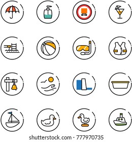 line vector icon set - insurance vector, liquid soap, no dangerous cargo road sign, drink, pool, ball, diving, life vest, ship bell, waves, water power plant, basin, sailboat toy, duck, boat