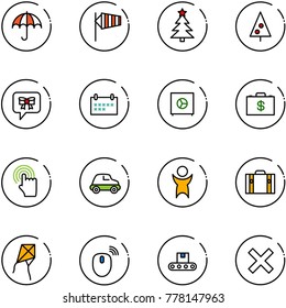 line vector icon set - insurance vector, side wind, christmas tree, bow message, schedule, safe, money case, hand cursor, car, success, suitcase, kite, mouse wireless, conveyor, delete