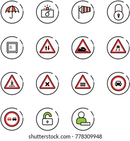 line vector icon set - insurance vector, terrorism, side wind, lock, safe, oncoming traffic road sign, steep descent, slippery, pedestrian, railway intersection, no car, overtake, unlocked