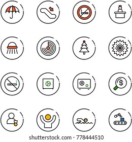 line vector icon set - insurance vector, escalator down, no smoking sign, recieptionist, shower, radar, christmas tree, firework, safe, money search, winner, success, swimming, conveyor