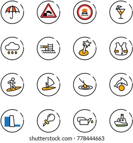 line vector icon set - insurance vector, embankment road sign, no dangerous cargo, drink, rain cloud, pool, palm, life vest, surfing, windsurfing, fishing, dolphin, water power plant, oiler
