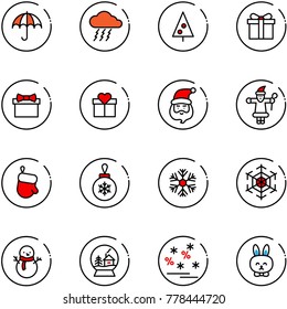 line vector icon set - insurance vector, storm, christmas tree, gift, santa claus, glove, ball, snowflake, snowman, snowball house, sale, toy rabbit