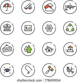 line vector icon set - insurance vector, trap truck, clouds, boarding passengers, bank, account statistics, gear, social, open, arrow up, home, bungalow, eye scanner, fretsaw, toy hammer