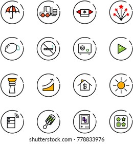 line vector icon set - insurance vector, fork loader, candy, firework, lemon, no smoking sign, safe, play, award, rise, home dollar, sun, server wireless, beanbag, game console, cube hole toy