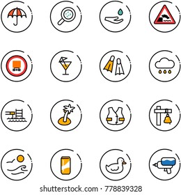 line vector icon set - insurance vector, bacteria, drop hand, embankment road sign, no dangerous cargo, drink, flippers, rain cloud, pool, palm, life vest, ship bell, waves, duck toy, water gun