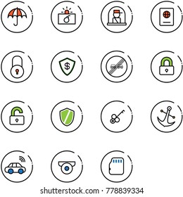 line vector icon set - insurance vector, terrorism, officer window, passport, lock, safe, end overtake limit road sign, locked, unlocked, shield, key, anchor, car wireless, surveillance camera