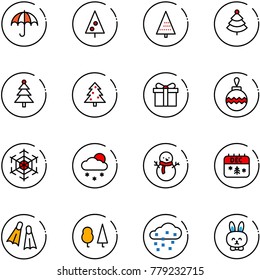 line vector icon set - insurance vector, christmas tree, gift, ball, snowflake, snowfall, snowman, calendar, flippers, forest, snow, toy rabbit