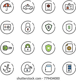 line vector icon set - insurance vector, safety car, passport, identity, safe, lock, key, locked, shield cross, certificate, anchor, wireless, micro flash card, server