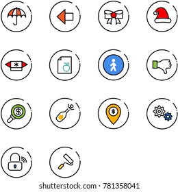 line vector icon set - insurance vector, left arrow, bow, christmas hat, candy, diet list, pedestrian way road sign, dislike, search money, fizz opening, atm map pin, gear, wireless lock