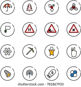 line vector icon set - insurance vector, christmas tree, holly, ruble, oncoming traffic road sign, gravel, railway intersection, gear, job, success, victory, shell, antenna, usb wi fi, atom core