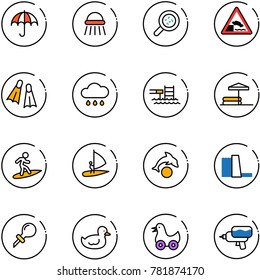 line vector icon set - insurance vector, shower, bacteria, embankment road sign, flippers, rain cloud, pool, inflatable, surfing, windsurfing, dolphin, water power plant, oiler, duck toy, gun