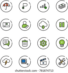 line vector icon set - insurance vector, ruble, coin, dollar, credit card, user check, download cloud, pause, chat, trash bin, gear, idea, storm, monoblock pc, movie flap, wrench screwdriver