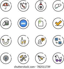 line vector icon set - insurance vector, phone alarm, christmas ball, liver, coin, bus road sign, attachment, check, luck, wine, money dialog, data exchange, antenna, wrench hammer, paper plane