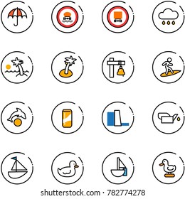 line vector icon set - insurance vector, no dangerous cargo road sign, rain cloud, palm, ship bell, surfing, dolphin, drink, water power plant, oiler, sailboat toy, duck