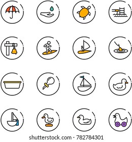 line vector icon set - insurance vector, drop hand, sea turtle, pool, ship bell, surfing, windsurfing, fishing, basin, oiler, sailboat toy, duck
