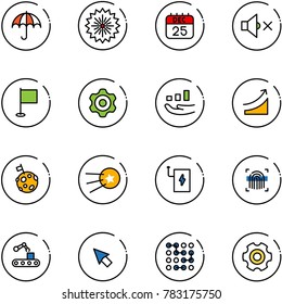 line vector icon set - insurance vector, firework, 25 dec calendar, volume off, flag, gear, growth, rise, moon, first satellite, power bank, fingerprint scanner, conveyor, cursor, circuit