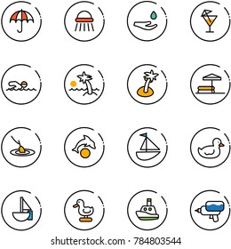 line vector icon set - insurance vector, shower, drop hand, drink, swimming, palm, inflatable pool, fishing, dolphin, sailboat toy, duck, boat, water gun