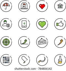 line vector icon set - insurance vector, officer window, heart, bank, account, mobile payment, like, target, growth arrow, open, circuit, fretsaw, sickle, brush