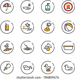 line vector icon set - insurance vector, drop hand, liquid soap, no dangerous cargo road sign, drink, palm, ball, surfing, fishing, dolphin, basin, oiler, toy duck