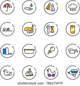 line vector icon set - insurance vector, drop hand, flippers, rain cloud, swimming, diving, ship bell, drink, water power plant, basin, oiler, toy duck, boat, gun