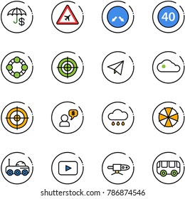 line vector icon set - insurance vector, airport road sign, detour, minimal speed limit, friends, target, paper fly, cloud, money dialog, rain, parasol, moon rover, playback, pipe welding, toy bus