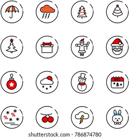 line vector icon set - insurance vector, storm, christmas tree, gift, santa claus, ball, snowfall, snowman, calendar, sale, rowanberry, toy rabbit