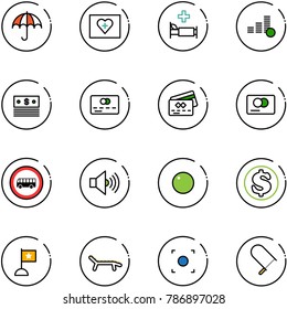 line vector icon set - insurance vector, first aid kit, hospital bed, coin, dollar, credit card, no bus road sign, volume max, record, flag, lounger, button, fretsaw