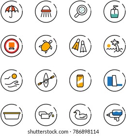 line vector icon set - insurance vector, shower, bacteria, liquid soap, no dangerous cargo road sign, sea turtle, flippers, palm, waves, kayak, drink, water power plant, basin, oiler, toy duck, gun