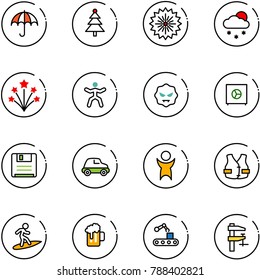 line vector icon set - insurance vector, christmas tree, firework, snowfall, gymnastics, virus, safe, save, car, success, life vest, surfing, beer, conveyor, clamp