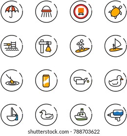 line vector icon set - insurance vector, shower, no dangerous cargo road sign, sea turtle, pool, ship bell, surfing, windsurfing, fishing, drink, oiler, duck toy, sailboat, boat, water gun