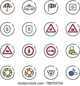line vector icon set - insurance vector, safety car, side wind, safe, wild animals road sign, railway intersection, cow, no pedestrian, overtake, user password, lifebuoy, surveillance camera
