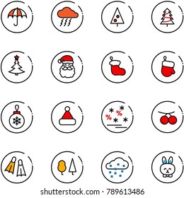 line vector icon set - insurance vector, storm, christmas tree, santa claus, sock, glove, ball, hat, sale, rowanberry, flippers, forest, snow, toy rabbit