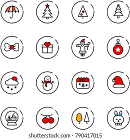 line vector icon set - insurance vector, christmas tree, bow, gift, santa claus, ball, snowfall, snowman, calendar, hat, snowball house, rowanberry, forest, toy rabbit