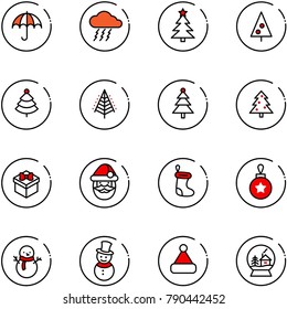 line vector icon set - insurance vector, storm, christmas tree, gift, santa claus, sock, ball, snowman, hat, snowball house