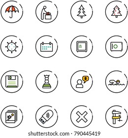 line vector icon set - insurance vector, baby room, christmas tree, virus, schedule, safe, save, chess queen, money dialog, swimming, photo, usb wi fi, delete, clamp