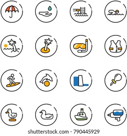 line vector icon set - insurance vector, drop hand, pool, swimming, palm, diving, life vest, surfing, dolphin, water power plant, oiler, toy duck, boat, gun