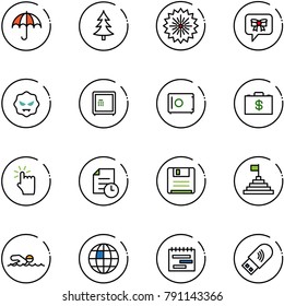 line vector icon set - insurance vector, christmas tree, firework, bow message, virus, safe, money case, hand touch, history, save, pyramid flag, swimming, globe, terms plan, usb wi fi