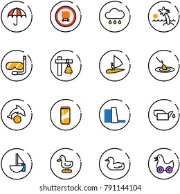 line vector icon set - insurance vector, no dangerous cargo road sign, rain cloud, palm, diving, ship bell, windsurfing, fishing, dolphin, drink, water power plant, oiler, sailboat toy, duck
