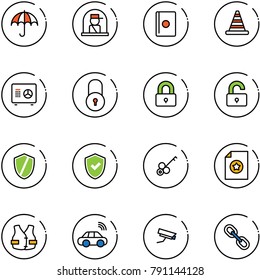 line vector icon set - insurance vector, officer window, passport, road cone, safe, lock, locked, unlocked, shield, check, key, certificate, life vest, car wireless, surveillance camera, link