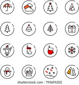 line vector icon set - insurance vector, clouds, christmas tree, gift, santa claus, sock, glove, snowflake, snowman, snowball house, sale, flippers