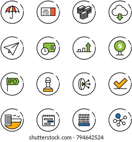 line vector icon set - insurance vector, ticket, big cash, download cloud, paper plane, wallet time, growth arrow, money tree, ipo, pawn, solution, check, hotel, terms plan, binary code, molecule