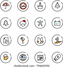 line vector icon set - insurance vector, no smoking sign, recieptionist, christmas tree, snowfall, gymnastics, schedule, history, drink, life vest, surfing, beer, globe, terms plan, usb wi fi